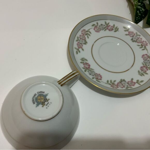 Noritake 5433  Cup & Saucer Dark Pink and Gray Floral VTG Japan G5 - Picture 6 of 6